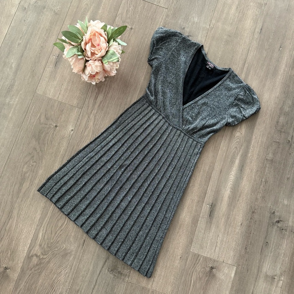 Y2K‎ XOXO Metallic Gunmetal Shimmer Pleated Sweater Dress